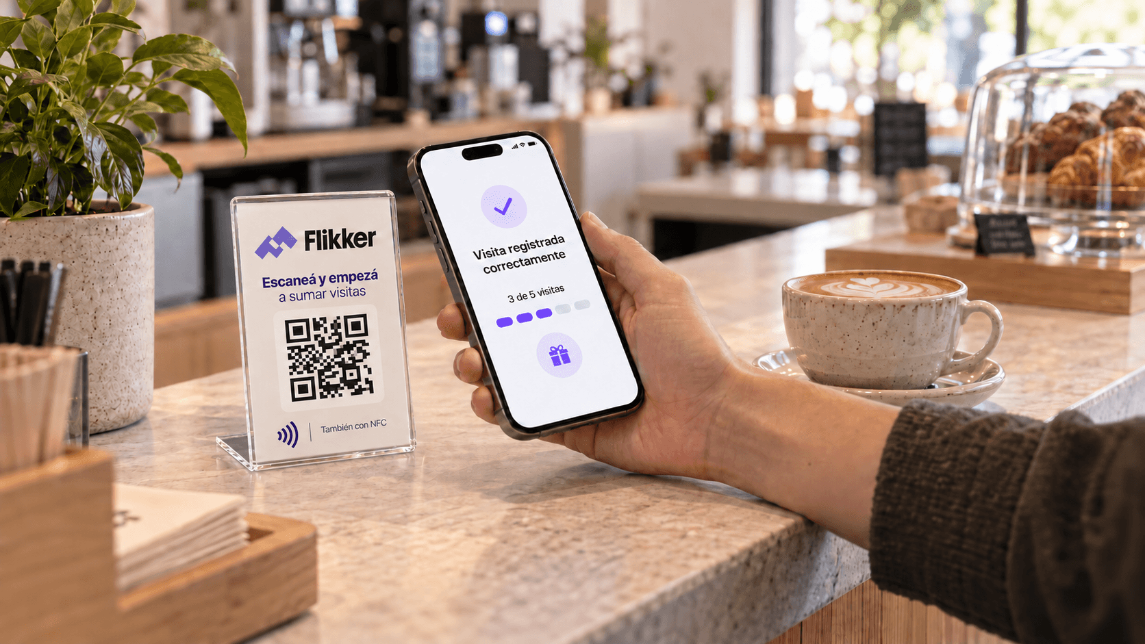 Cliente registrando una visita en Flikker al acercar su teléfono a un display con QR y NFC en una cafetería